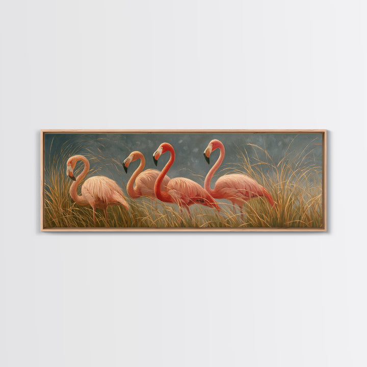 Pink Flamingos Among Tropical Water Plants Framed Canvas Print, Tropical Art, Coastal Art, Living Room Decor, Fine Art, Tropic, TRO-3x1-90