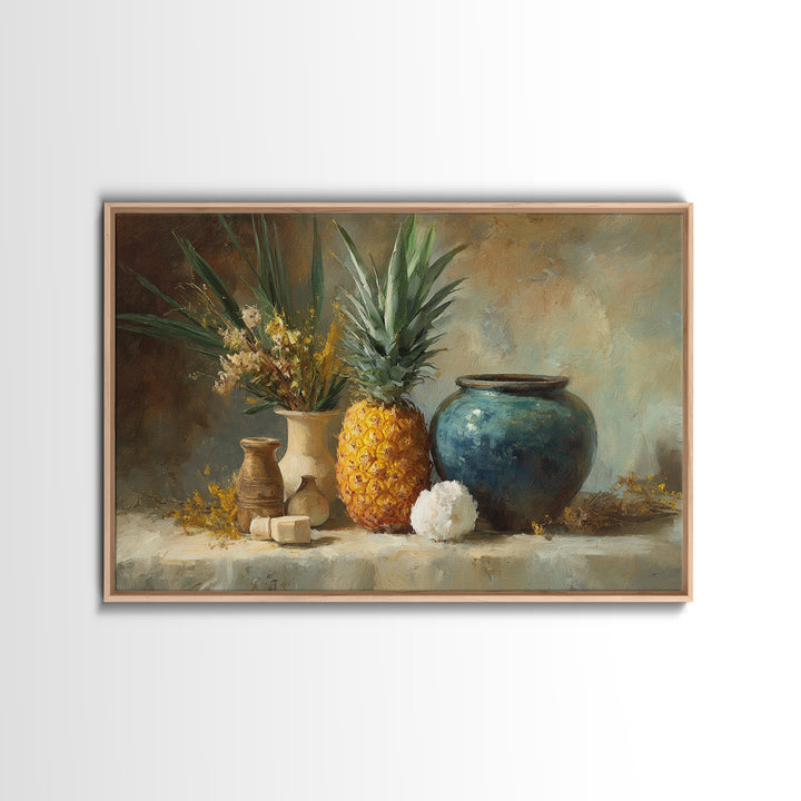 Pineapple and Palm Still Life Framed Canvas Print, Tropical Art, Coastal Wall Art, Living Room Decor, Fine Art, Tropic, TRO-3x2-10