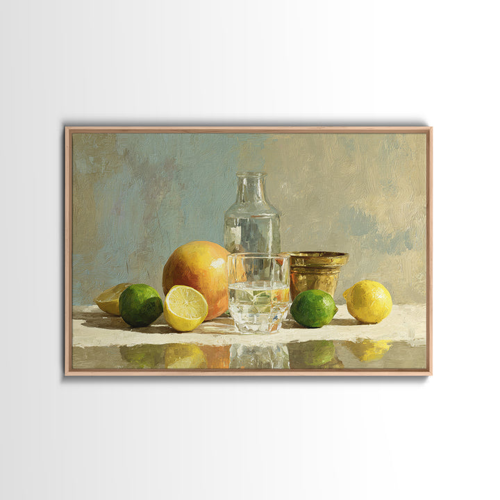 Bright Papaya and Lime Still Life Framed Canvas Print, Tropical Art, Wall Art, Living Room Decor, Oil Painting, Tropic, TRO-3x2-100