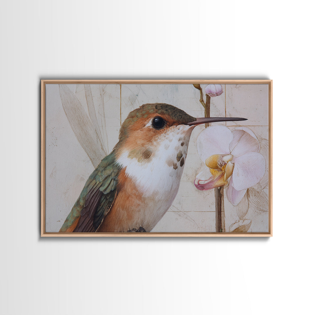 Orchid and Hummingbird Composition Framed Canvas Print, Tropical Art, Pink Wall Art, Living Room Decor, Fine Art, Tropic, TRO-3x2-14