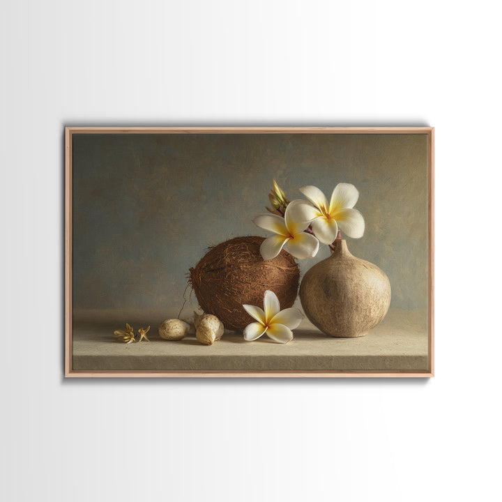 Coconut and Plumeria Still Life Canvas Print, Tropical Art, Downloadable Prints, Living Room Decor, Watercolor Art, Tropic, TRO-3x2-16