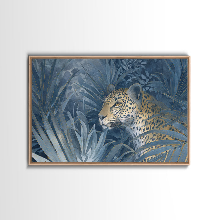 Leopard Hidden Among Palm Leaves Framed Canvas Print, Tropical Art, Oversized Wall Art, Living Room Decor, Fine Art, Tropic, TRO-3x2-18