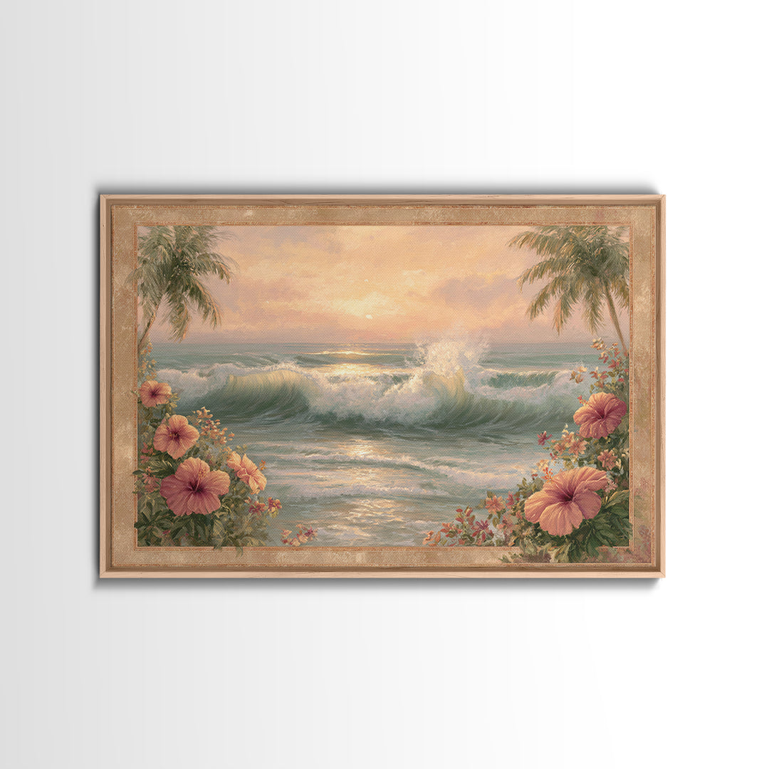 Sunset Surf Scene Canvas Print, Tropical Art, Bird Art, Living Room Decor, Watercolor Art, Tropic, Whimsical Art, Botanical Art, TRO-3x2-26