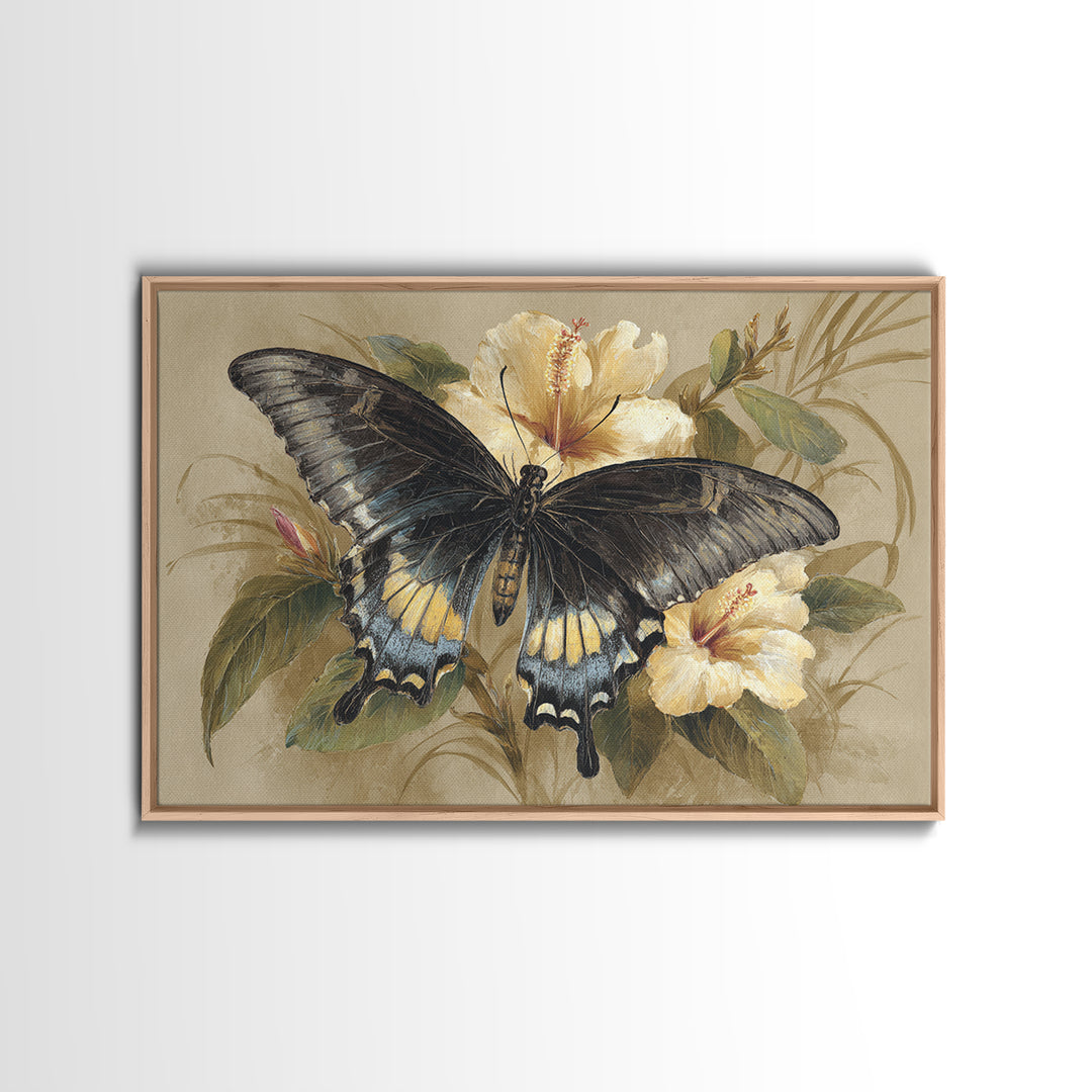Tropical Butterfly and Flower Study Framed Canvas Print, Tropical Art, Gallery Decor, Living Room Decor, Fine Art, Tropic, TRO-3x2-27