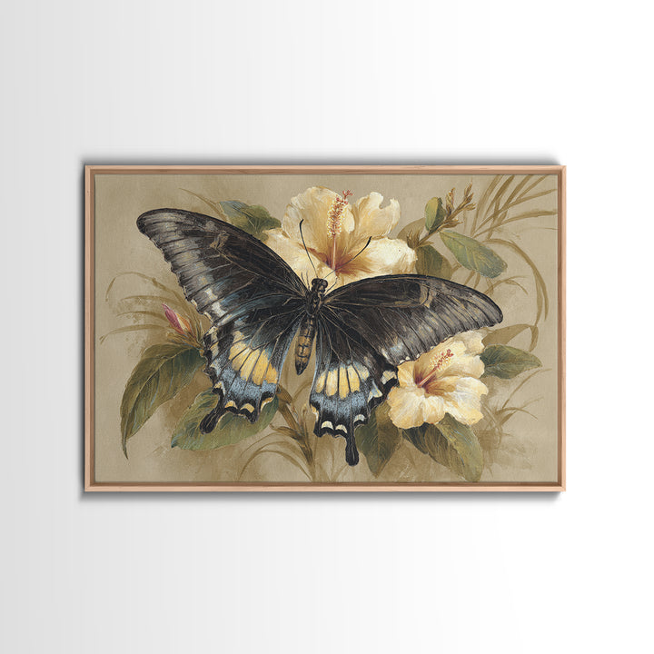 Tropical Butterfly and Flower Study Framed Canvas Print, Tropical Art, Gallery Decor, Living Room Decor, Fine Art, Tropic, TRO-3x2-27