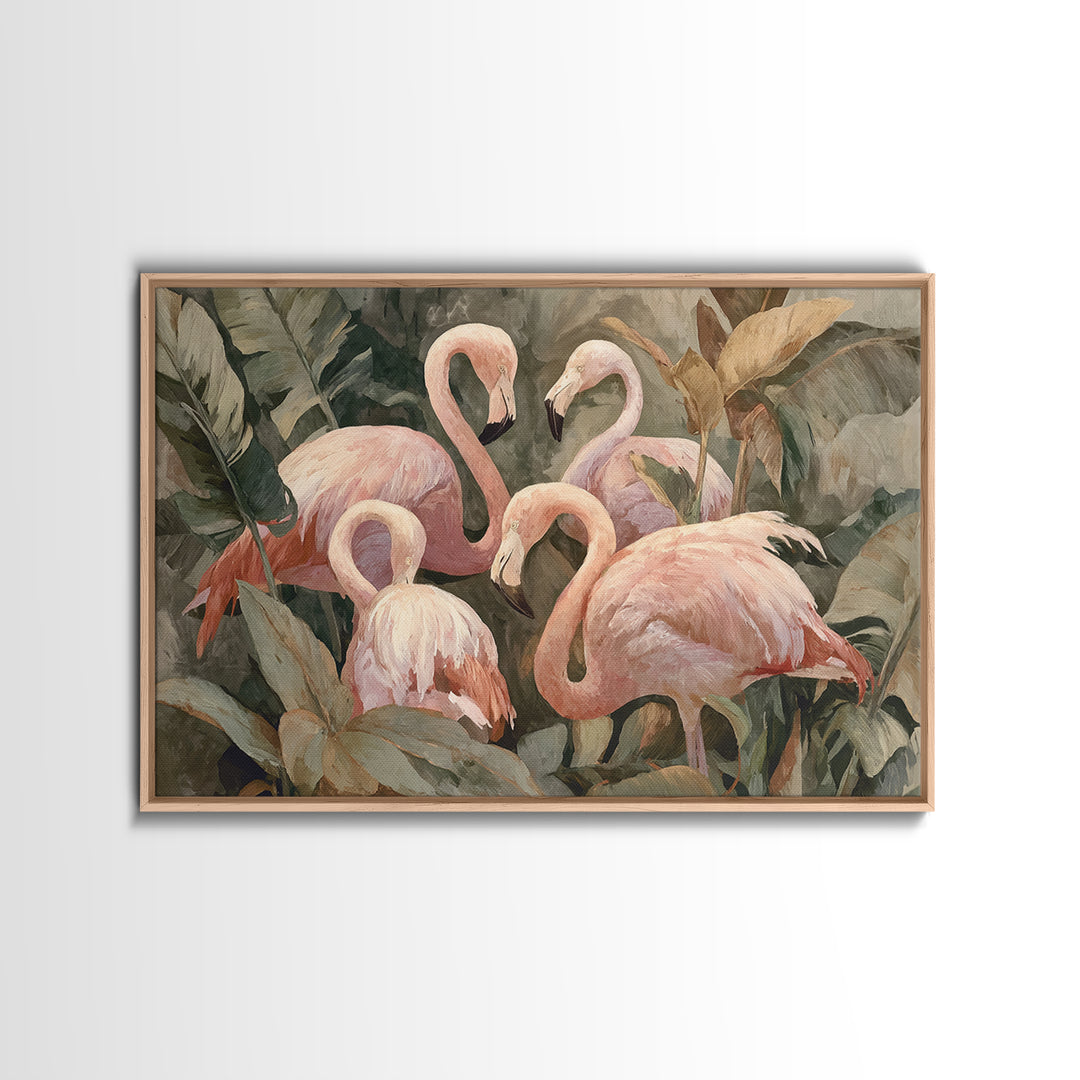 Pink Flamingos Among Tropical Water Plants Canvas Print, Tropical Art, Beach Wall Art, Living Room Decor, Fine Art, Tropic, TRO-3x2-30