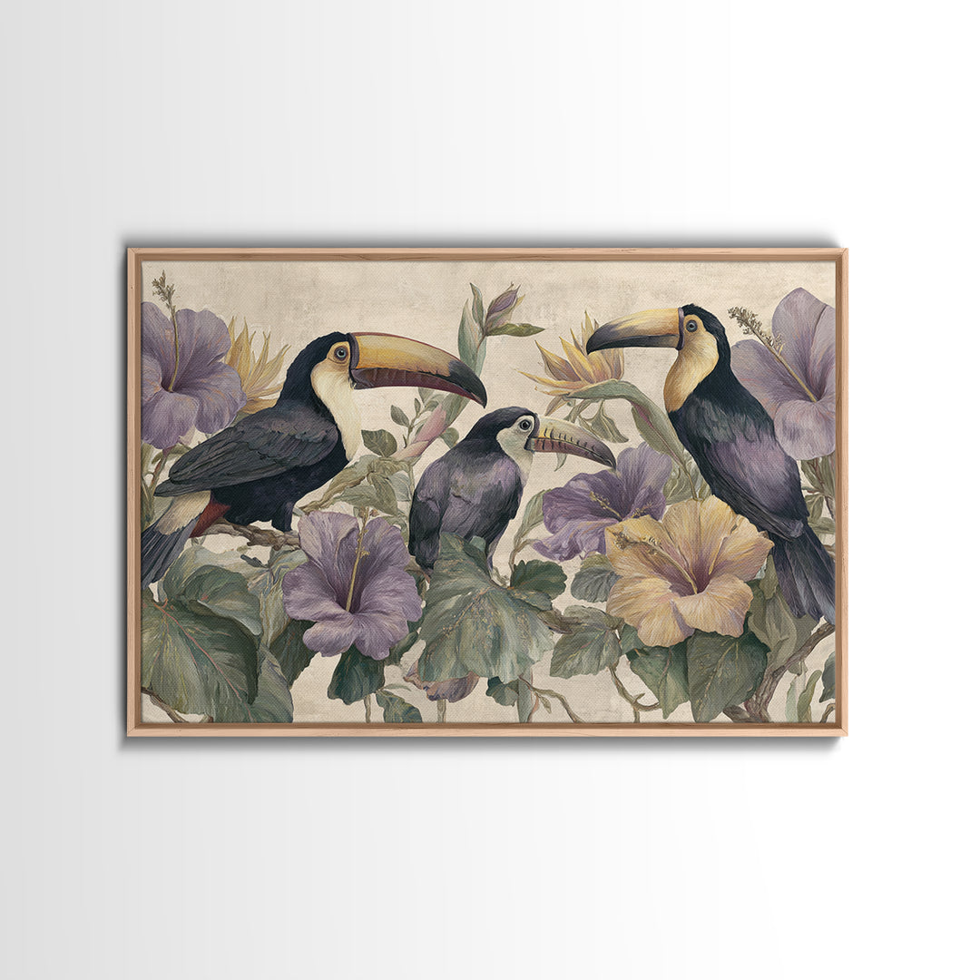 Toucans Surrounded by Bright Jungle Flowers Framed Canvas Print, Tropical Art, Statement Artwork, Living Room Decor, Tropic, TRO-3x2-31