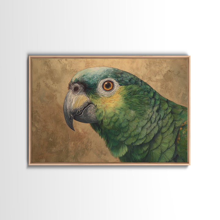 Parrot Portrait with Emerald Feathers Framed Canvas Print, Tropical Art, Whimsical Art, Living Room Decor, Fine Art, Tropic, TRO-3x2-36