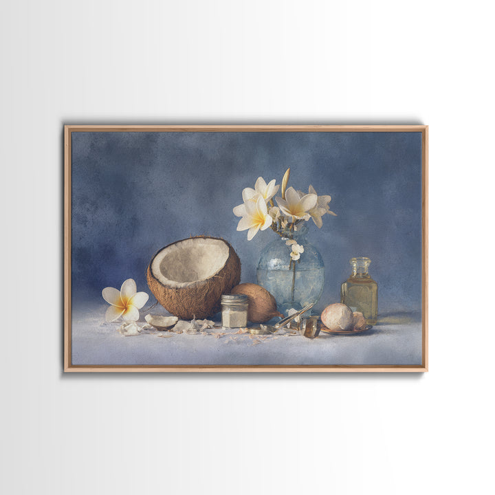 Coconut and Plumeria Still Life Framed Canvas Print, Tropical Art, Botanical Art, Living Room Decor, Oil Painting, Tropic, TRO-3x2-40