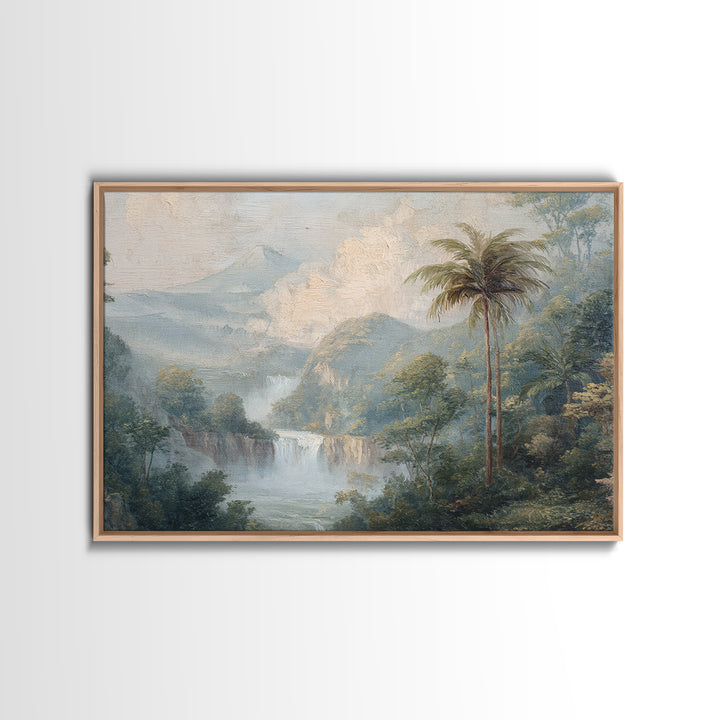 Jungle Waterfall with Misty Light Framed Canvas Print, Tropical Art, Beach Prints, Living Room Decor, Watercolor Art, Tropic, TRO-3x2-41