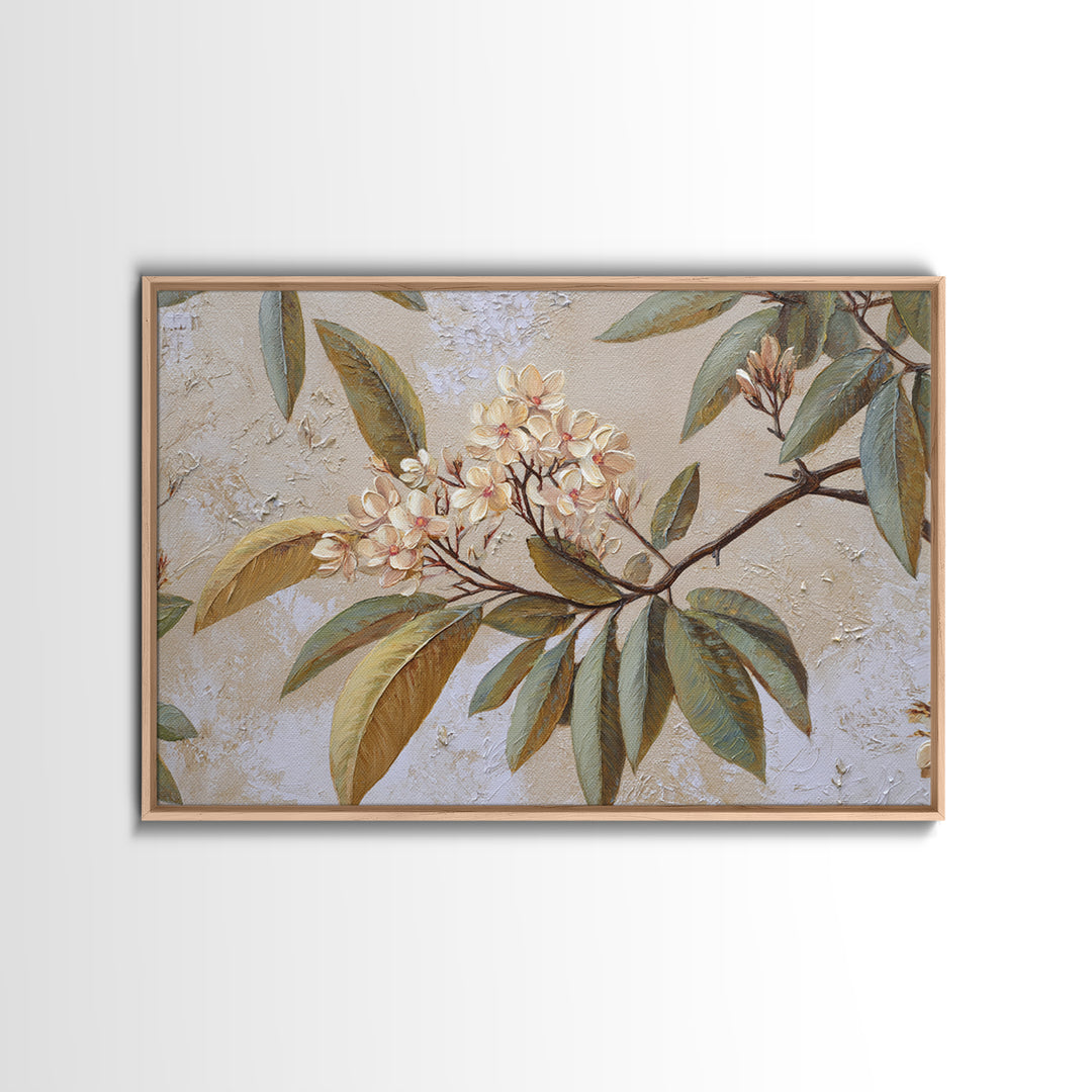 Mango Branch with Leaves and Flowers Framed Canvas Print, Tropical Art, Coastal Decor, Living Room Decor, Fine Art, Tropic, TRO-3x2-46