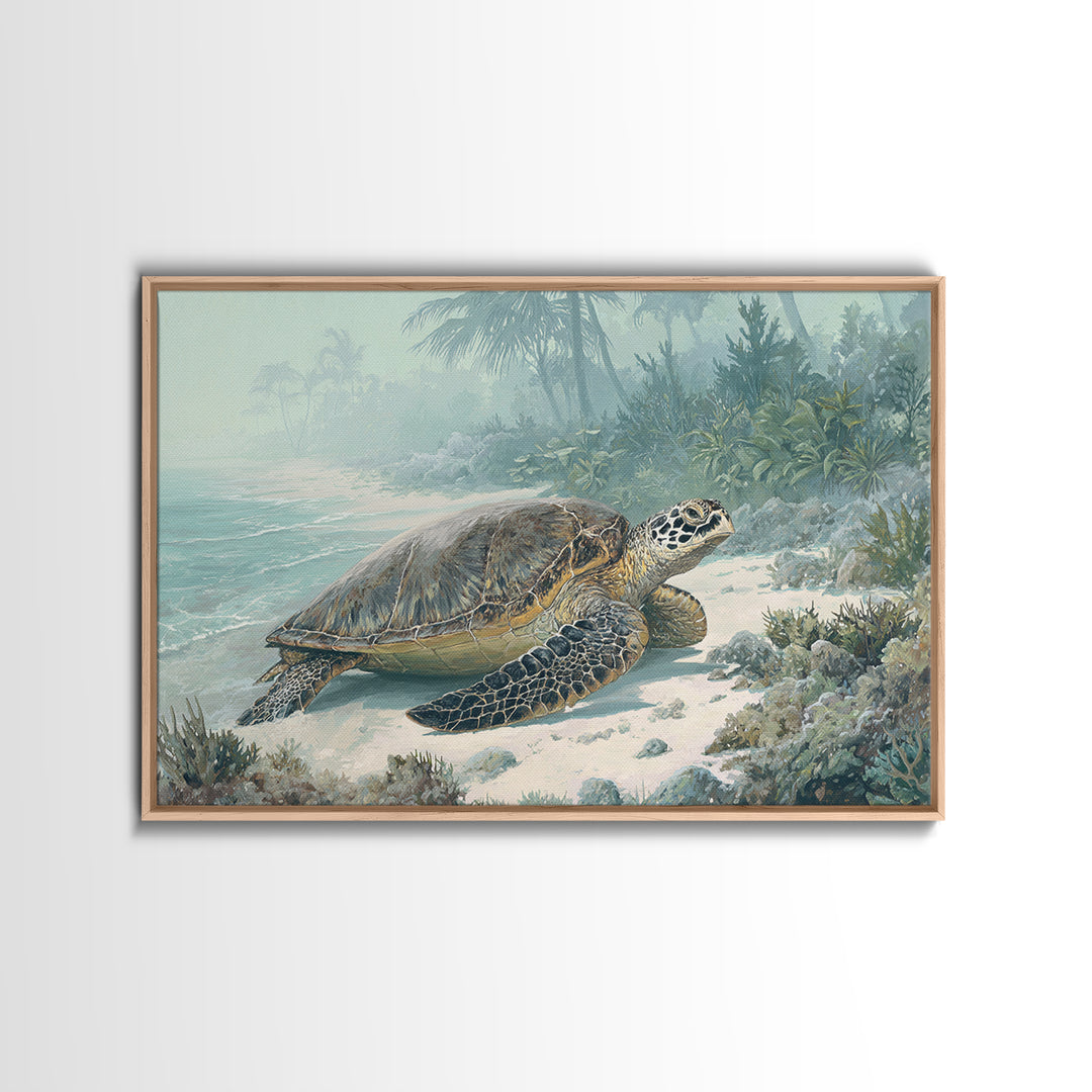Sea Turtle Near Tropical Reef Framed Canvas Print, Tropical Art, Digital Art, Living Room Decor, Oil Painting, Tropic, TRO-3x2-47
