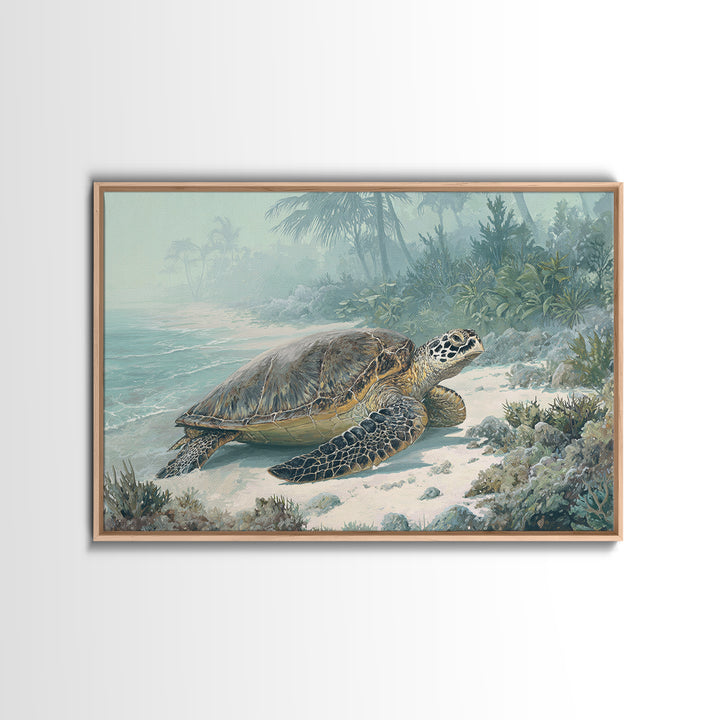 Sea Turtle Near Tropical Reef Framed Canvas Print, Tropical Art, Digital Art, Living Room Decor, Oil Painting, Tropic, TRO-3x2-47