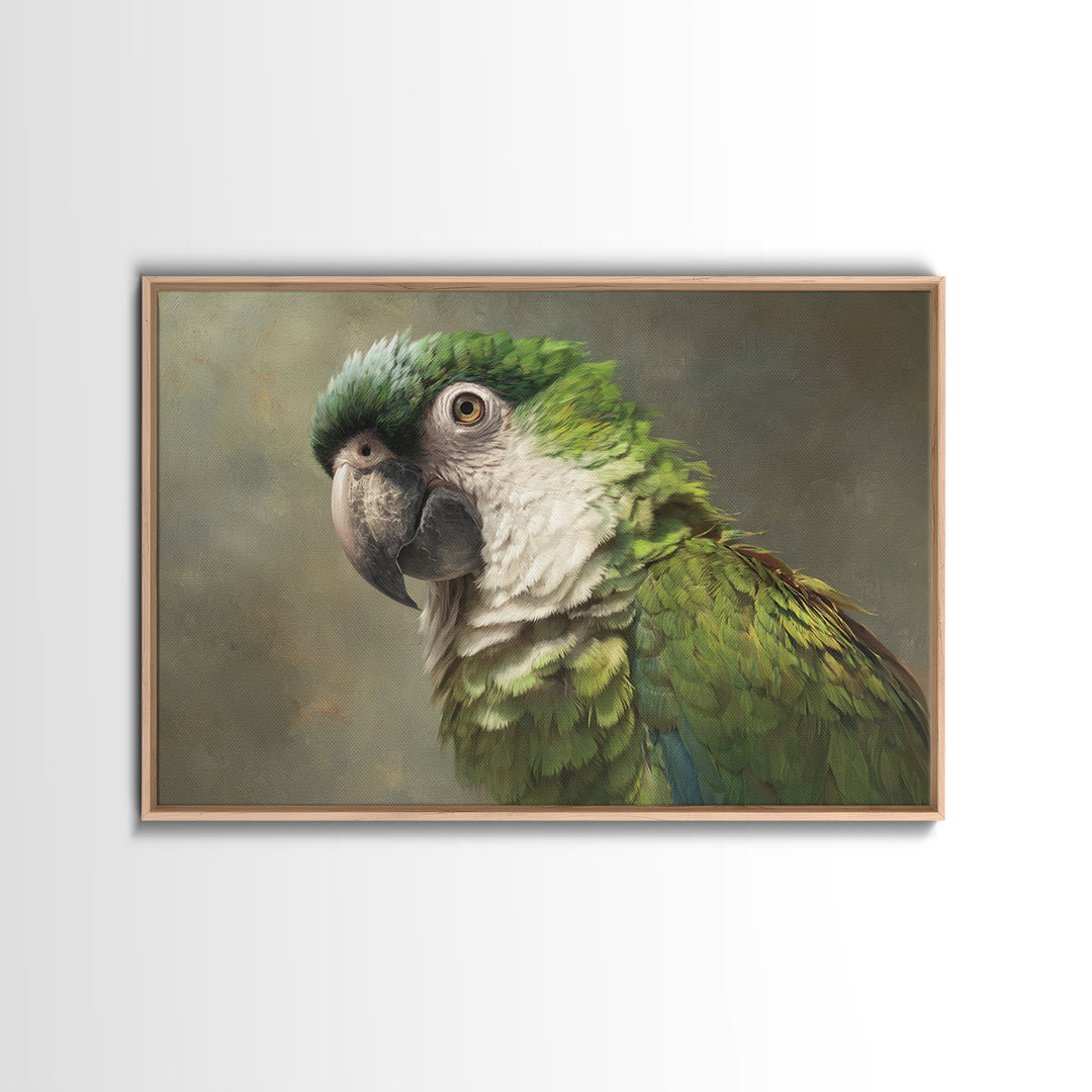 Parrot Portrait with Emerald Feathers Framed Canvas Print, Tropical Art, Textured Painting, Living Room Decor, Fine Art, Tropic, TRO-3x2-60
