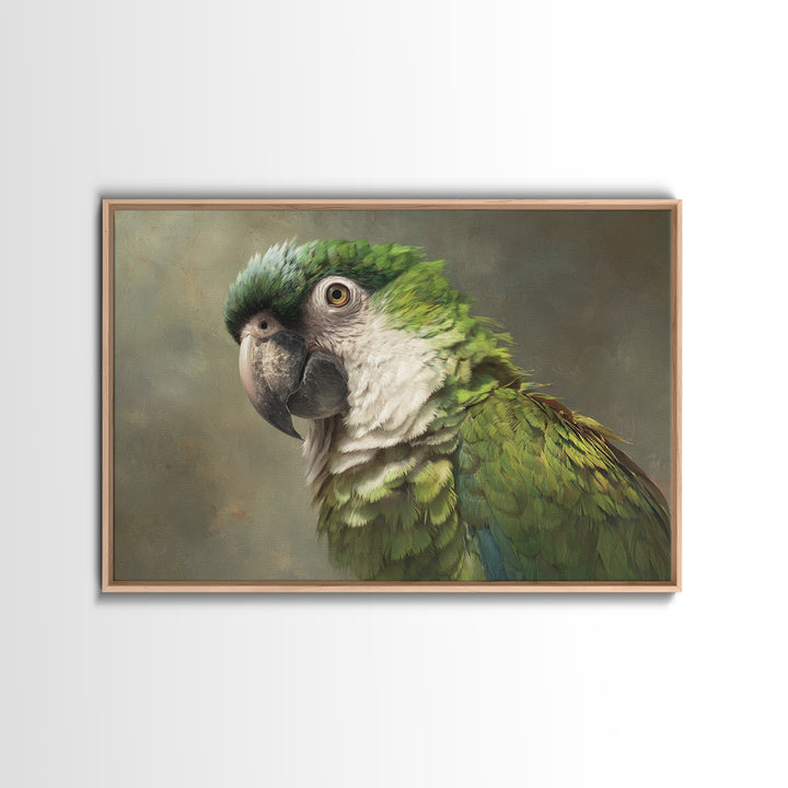 Parrot Portrait with Emerald Feathers Framed Canvas Print, Tropical Art, Textured Painting, Living Room Decor, Fine Art, Tropic, TRO-3x2-60