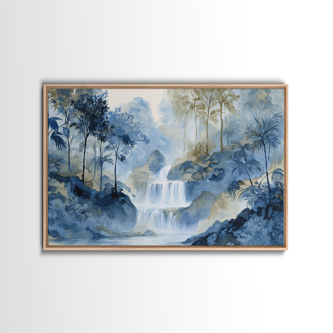 Jungle Waterfall with Misty Light Framed Canvas Print, Tropical Art, Beach Prints, Living Room Decor, Watercolor Art, Tropic, TRO-3x2-65