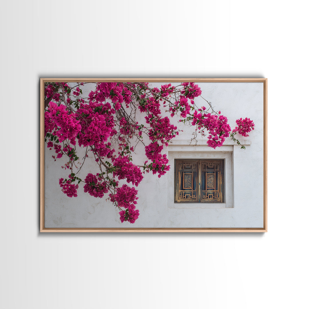 Pink Bougainvillea over White Wall Canvas Print, Tropical Art, Minimalist Decor, Living Room Decor, Fine Art, Tropic, TRO-3x2-68