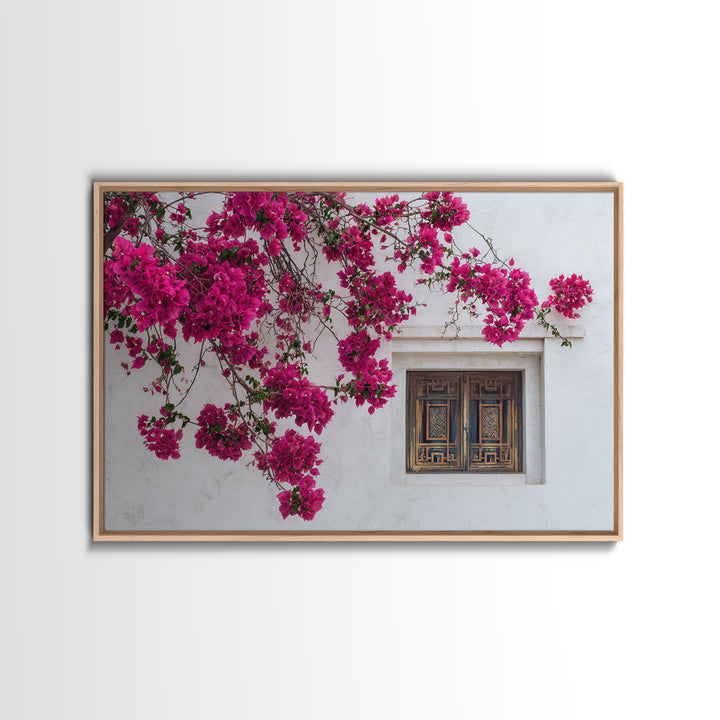 Pink Bougainvillea over White Wall Canvas Print, Tropical Art, Minimalist Decor, Living Room Decor, Fine Art, Tropic, TRO-3x2-68