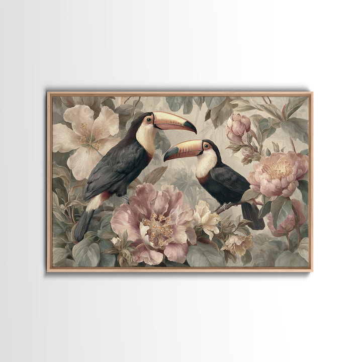 Toucans Surrounded by Bright Jungle Flowers Framed Canvas Print, Tropical Art, Printable Art, Living Room Decor, Tropic, TRO-3x2-7