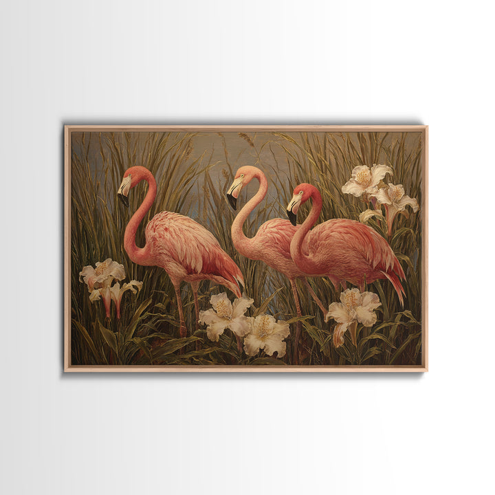 Pink Flamingos Among Tropical Water Plants Framed Canvas Print, Tropical Art, Whimsical Art, Living Room Decor, Tropic, TRO-3x2-78