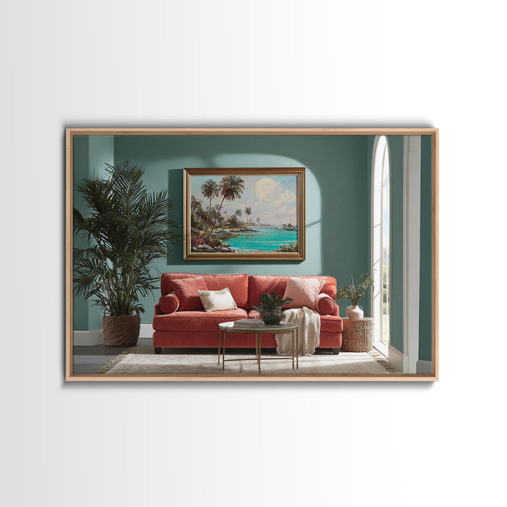 Tropical Lagoon with Turquoise Water Canvas Print, Tropical Art, Pink Wall Art, Living Room Decor, Tropic, Coastal Art, TRO-3x2-83