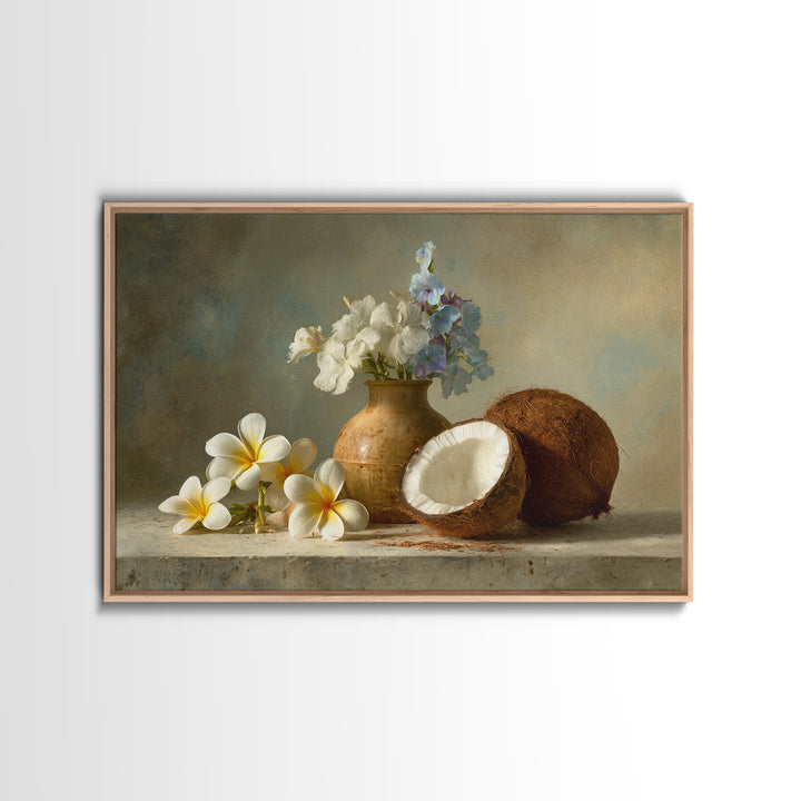 Coconut and Plumeria Still Life Canvas Print, Tropical Art, Decor, Living Room Decor, Tropic 588, Bird Art, Set of Prints, TRO-3x2-88