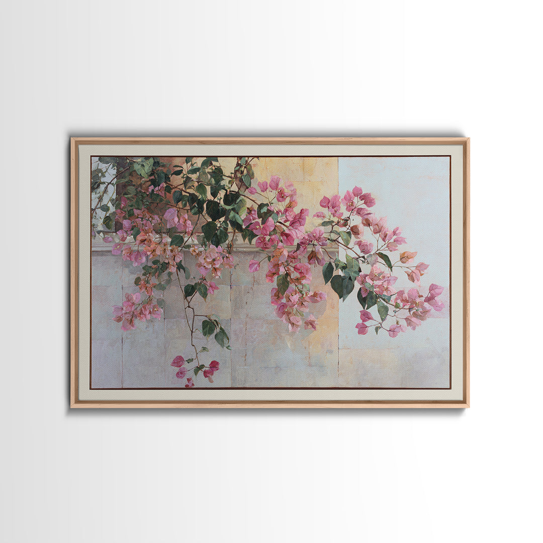 Pink Bougainvillea over White Wall Framed Canvas Print, Tropical Art, Digital Prints, Living Room Decor, Fine Art, Tropic, TRO-3x2-92