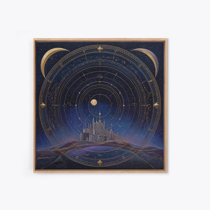 Night Skyline under Crescent Moon Framed Canvas Print, Urban Art, Digital Download Art, Living Room Decor, Abstract Art, Urban, URB-1x1-24