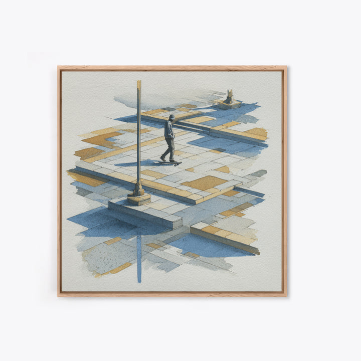 Skateboarder Crossing a Concrete Plaza Canvas Print, Urban Art, Basketball Wall Art, Living Room Decor, Watercolor Art, Urban, URB-1x1-55
