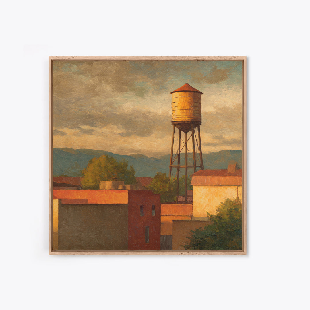 Rooftop Water Tower Framed Canvas Print, Urban Art, Statement Artwork, Living Room Decor, Abstract Art, Urban, Wall Decor, URB-1x1-57