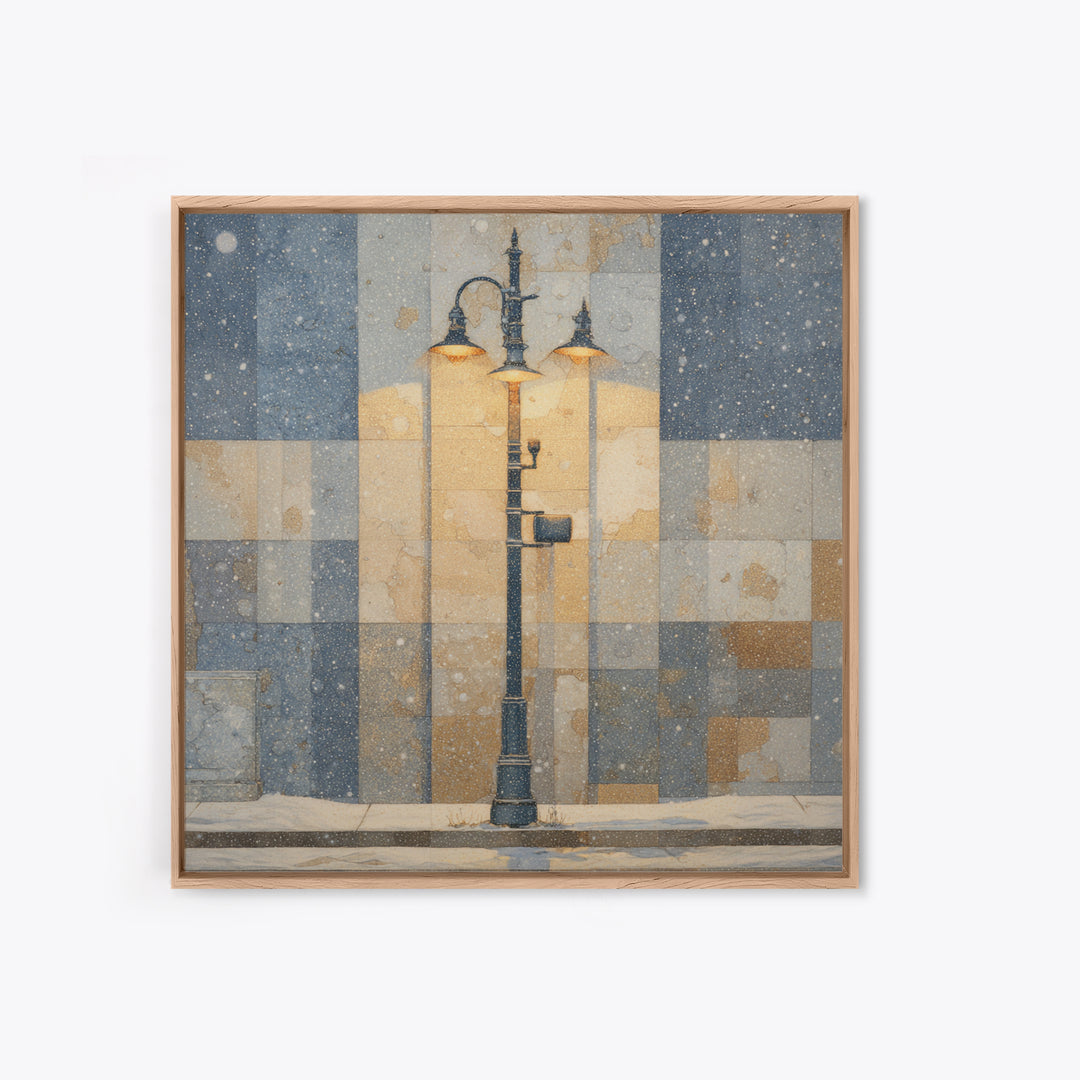 Streetlamp and Falling Snow Framed Canvas Print, Urban Art, Gay Art, Living Room Decor, Oil Painting, Urban, Minimalist Decor, URB-1x1-61