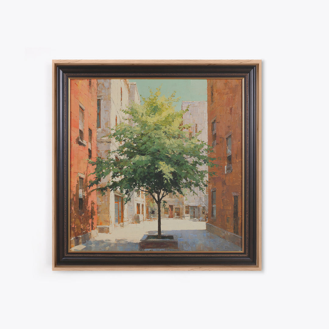 City Park Tree Framed by Buildings Framed Canvas Print, Urban Art, Colorful Wall Art, Living Room Decor, Abstract Art, Urban, URB-1x1-66
