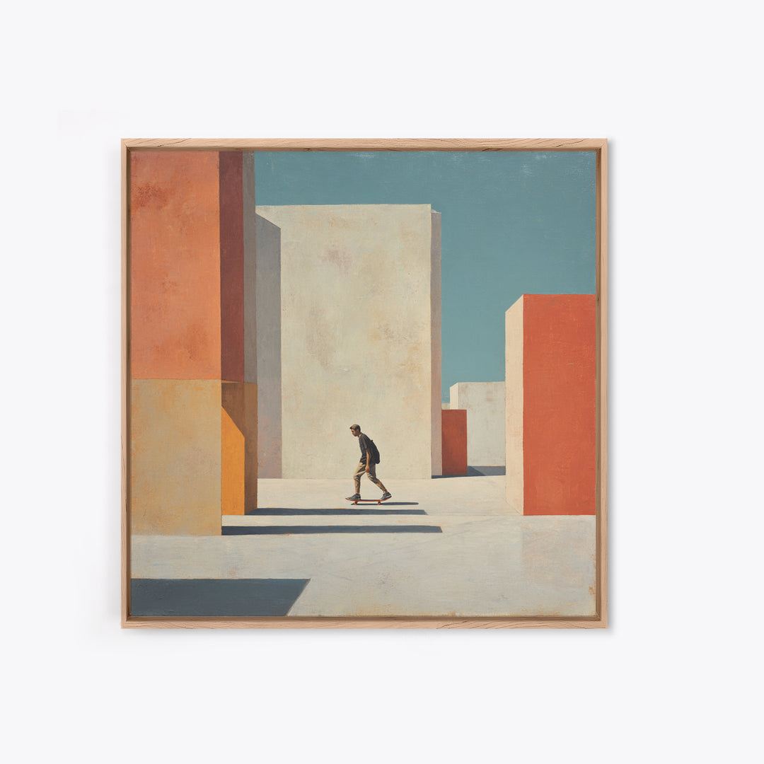 Skateboarder Crossing a Concrete Plaza Framed Canvas Print, Urban Art, Textured Wall Art, Living Room Decor, Fine Art, Urban, URB-1x1-7