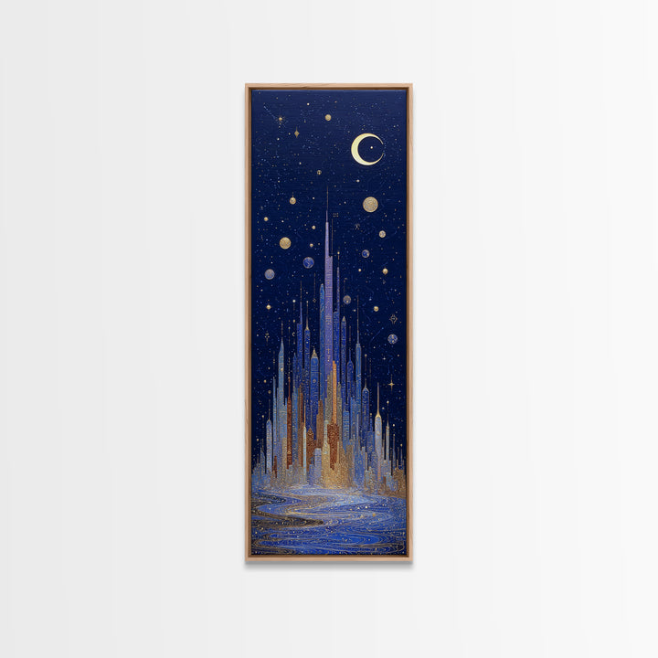 Night Skyline under Crescent Moon Canvas Print, Urban Art, Boho Decor, Living Room Decor, Abstract Art, Urban, Digital Prints, URB-1x3-12