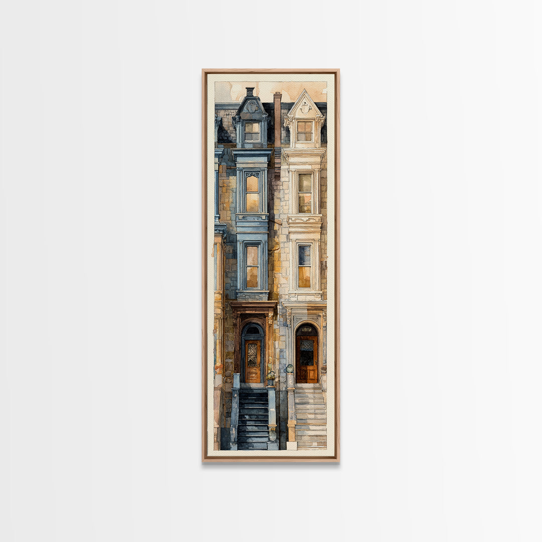 Brownstone Row in Soft Morning Light Framed Canvas Print, Urban Art, Art Print, Living Room Decor, Urban, Oil Painting, URB-1x3-24