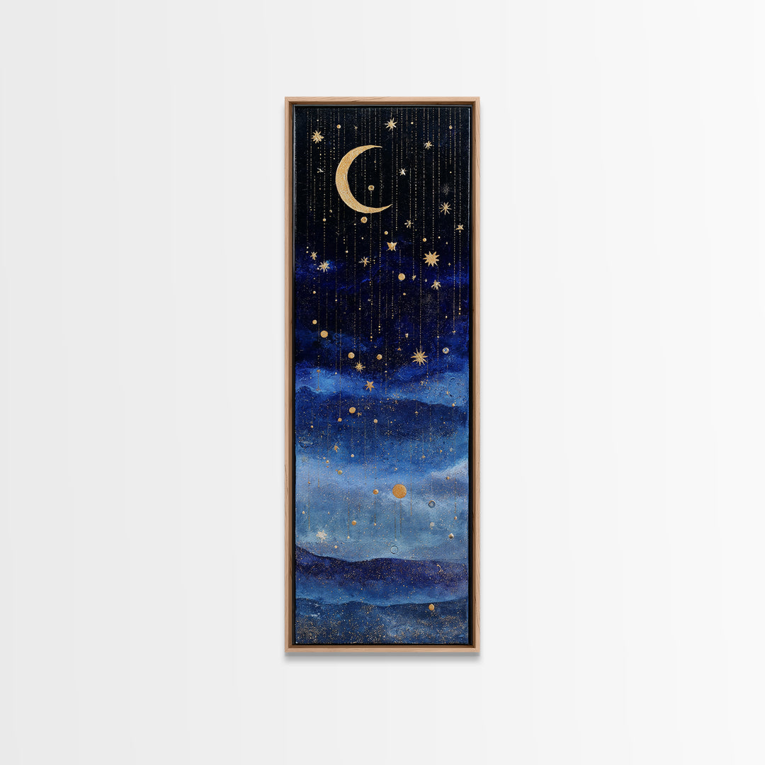 Night Skyline under Crescent Moon Canvas Print, Urban Art, Wall Decor, Living Room Decor, Fine Art, Urban, Living Room Wall Art, URB-1x3-60