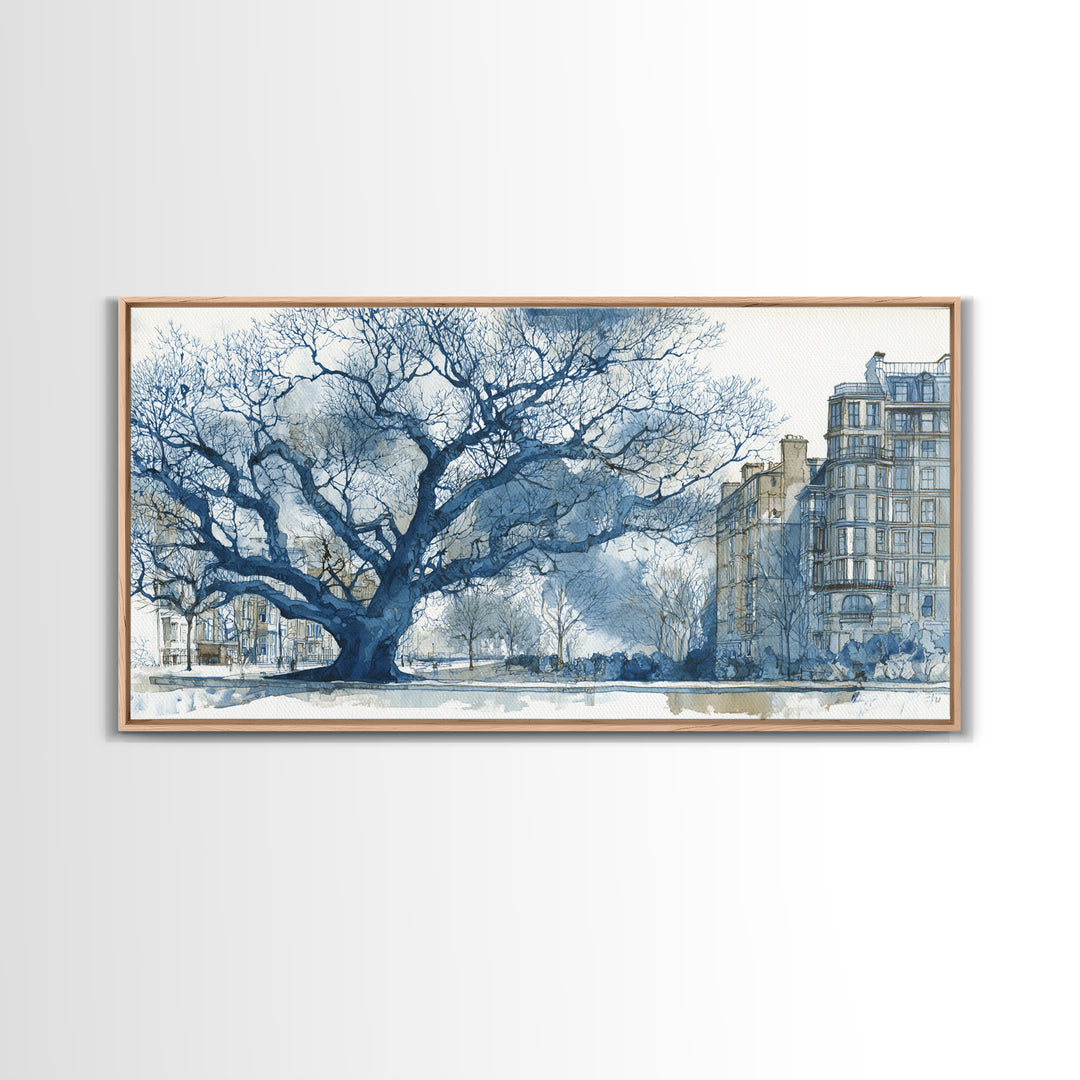 City Park Tree Framed by Buildings Framed Canvas Print, Urban Art, Fine Art Print, Living Room Decor, Watercolor Art, Urban, URB-2x1-14