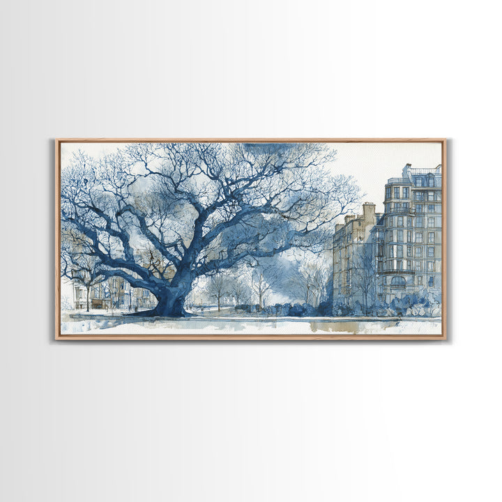 City Park Tree Framed by Buildings Framed Canvas Print, Urban Art, Fine Art Print, Living Room Decor, Watercolor Art, Urban, URB-2x1-14