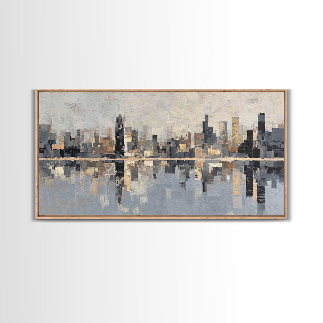 Moody City Skyline Reflected Framed Canvas Print, Urban Art, Original Painting, Living Room Decor, Urban, African American Art, URB-2x1-45
