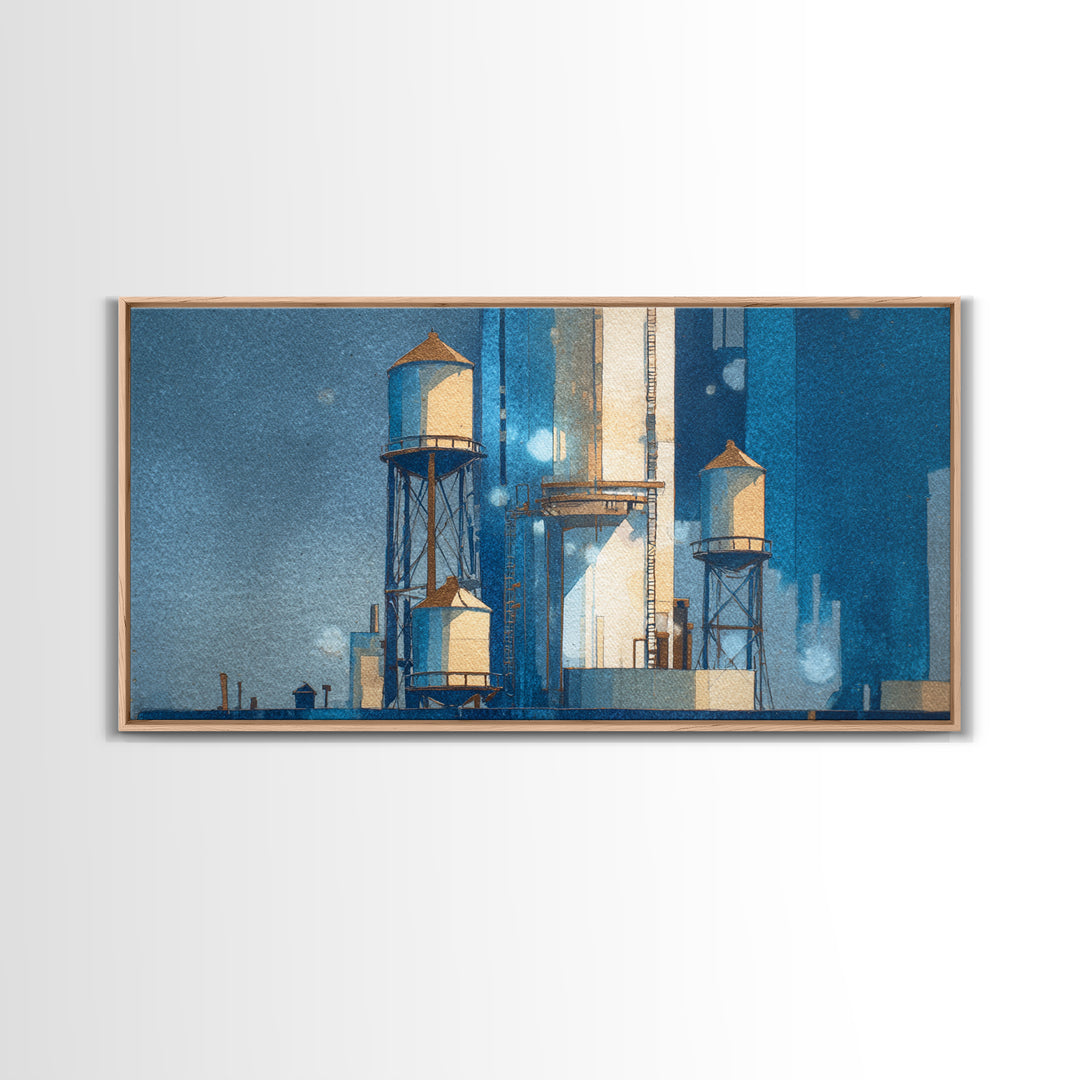Rooftop Water Tower Framed Canvas Print, Urban Art, Poster, Living Room Decor, Watercolor Art, Urban, Modern Wall Art, URB-2x1-5