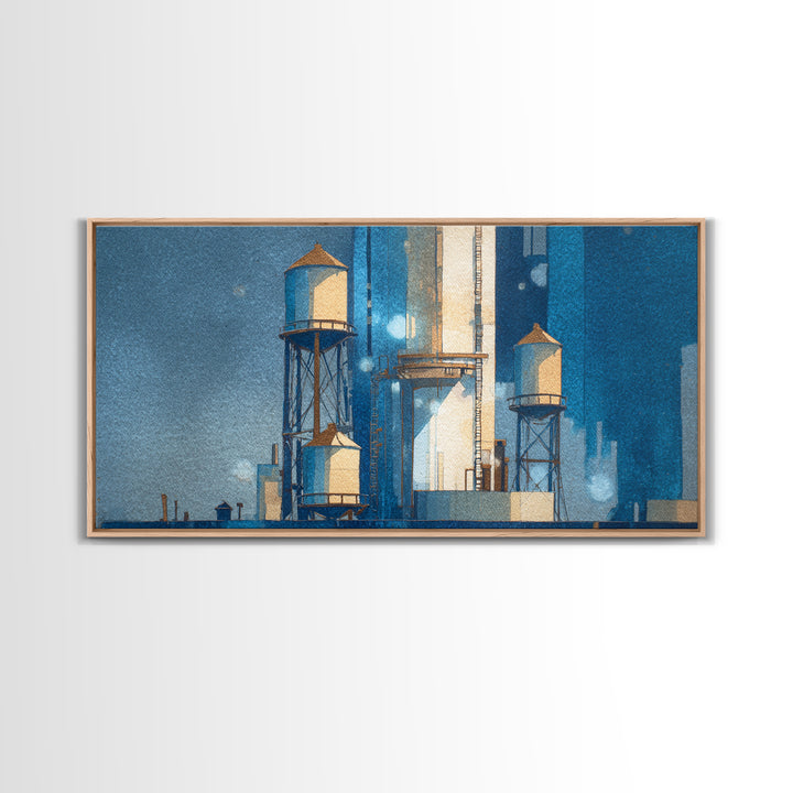 Rooftop Water Tower Framed Canvas Print, Urban Art, Poster, Living Room Decor, Watercolor Art, Urban, Modern Wall Art, URB-2x1-5