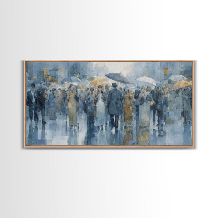 Rain Umbrella Figures Canvas Print, Urban Art, Oil Painting, Living Room Decor, Urban, Black Art Prints, Book Shelf Decor, URB-2x1-64