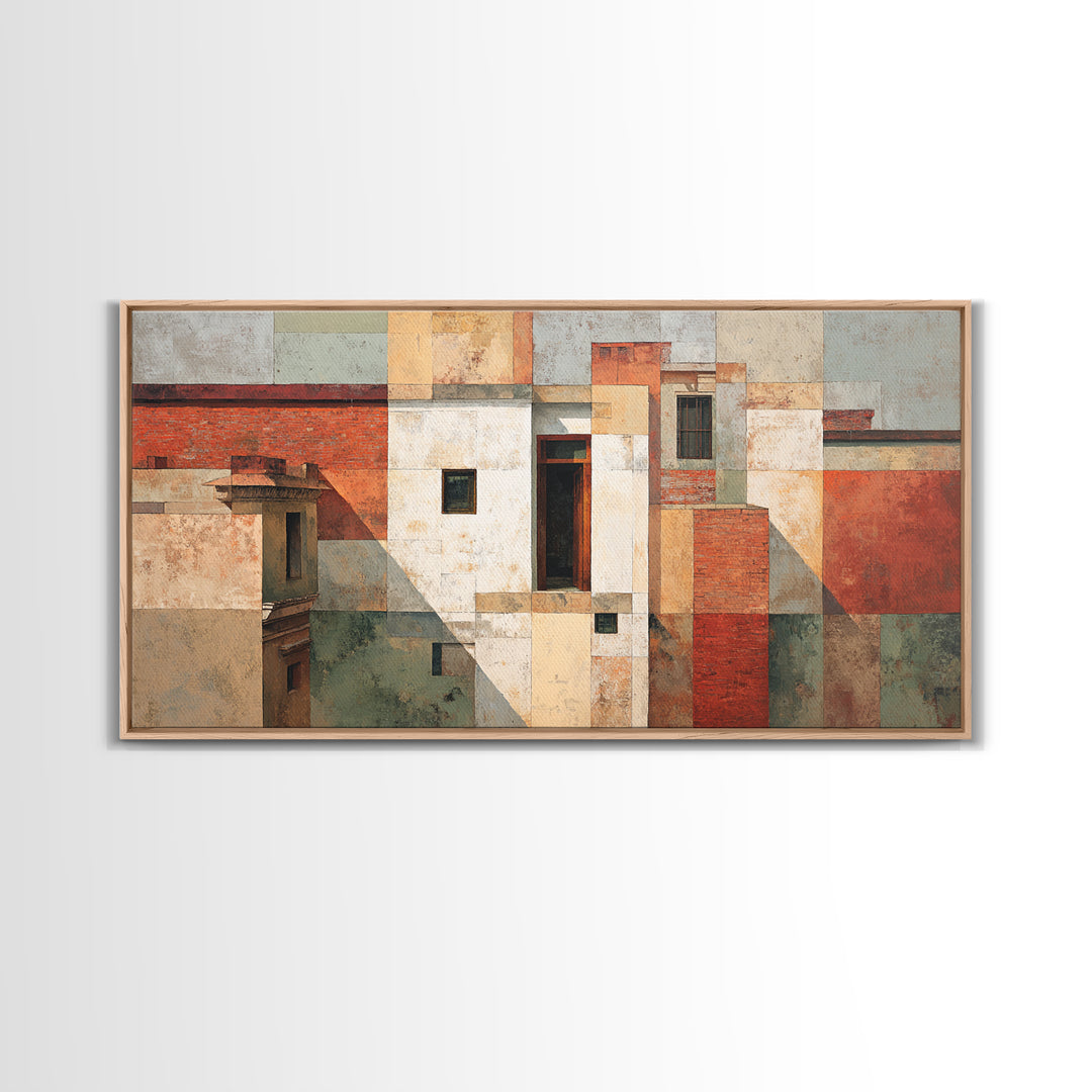 Brick Wall and Window Shadows as Geometry Canvas Print, Urban Art, Oil Painting, Living Room Decor, Urban, Black Art Prints, URB-2x1-73