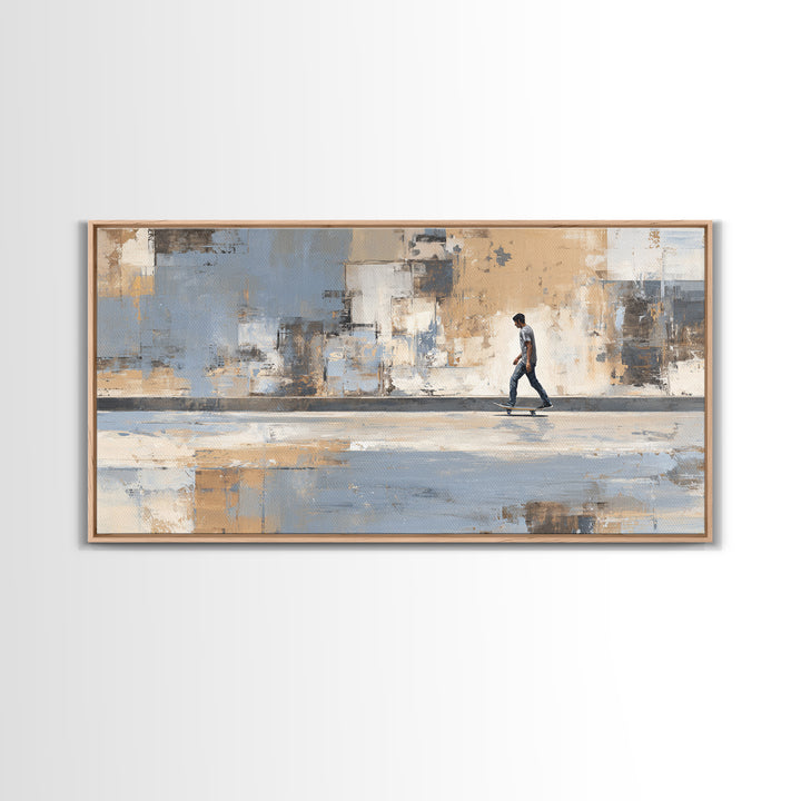 Skateboarder Crossing a Concrete Plaza Framed Canvas Print, Urban Art, Boho Decor, Living Room Decor, Fine Art, Urban, URB-2x1-75