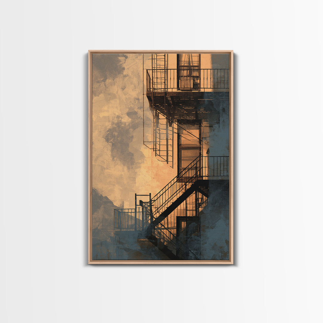 Fire Escape Silhouette Canvas Print, Urban Art, Luxury Decor, Living Room Decor, Fine Art, Urban, Oil Painting, URB-2x3-10