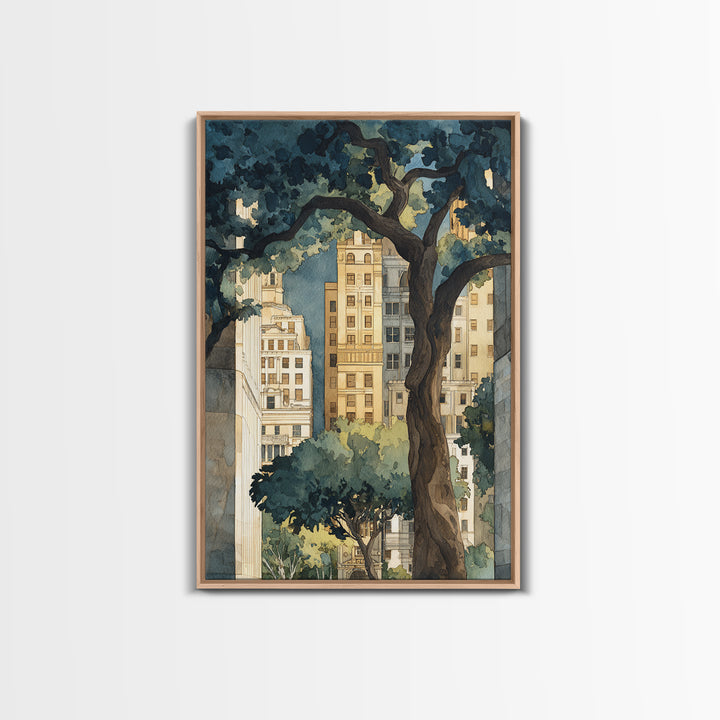 City Park Tree Framed by Buildings Framed Canvas Print, Urban Art, Boho Decor, Living Room Decor, Abstract Art, Urban, URB-2x3-2