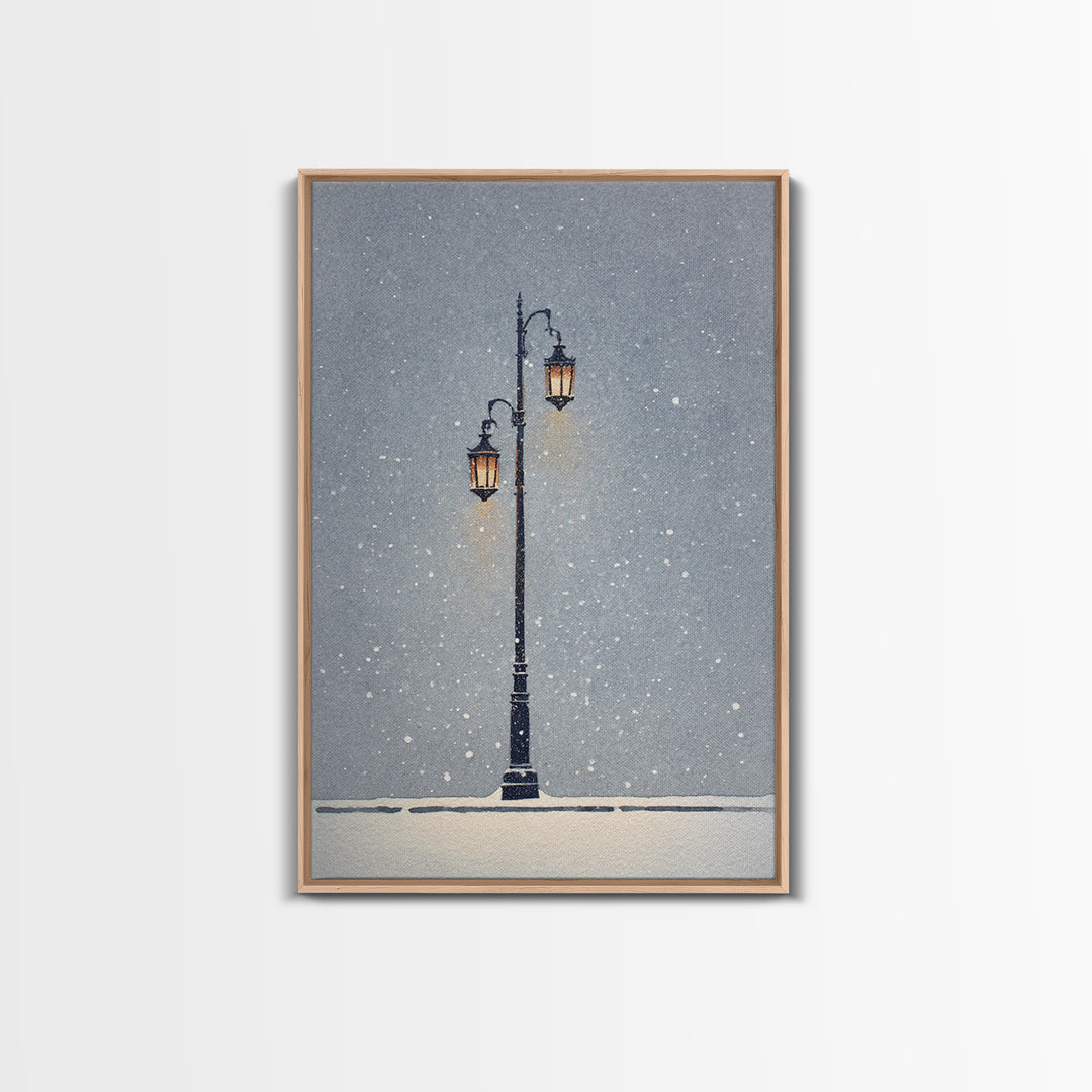 Streetlamp and Falling Snow Framed Canvas Print, Urban Art, Contemporary Art, Living Room Decor, Oil Painting, Urban, URB-2x3-21