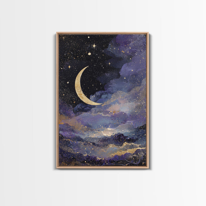 Night Skyline under Crescent Moon Canvas Print, Urban Art, Black Girl Wall Art, Living Room Decor, Abstract Art, Urban, URB-2x3-32