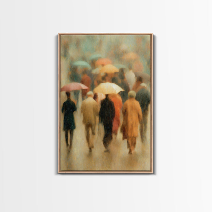 Rain Umbrella Figures Framed Canvas Print, Urban Art, Statement Artwork, Living Room Decor, Fine Art, Urban, Wall Decor, URB-2x3-4