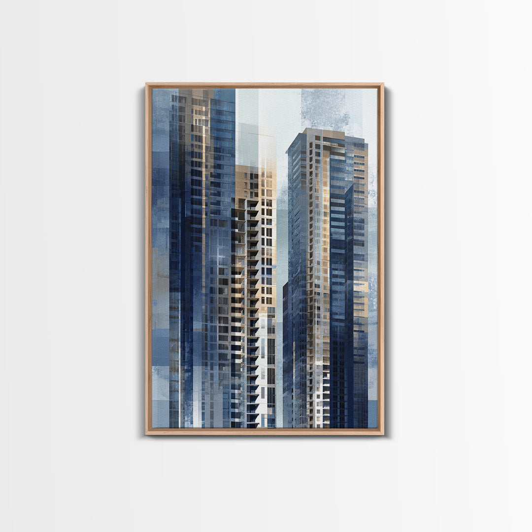 Modern Skyscraper Glass Reflections Framed Canvas Print, Urban Art, Textured Painting, Living Room Decor, Fine Art, Urban, URB-2x3-46